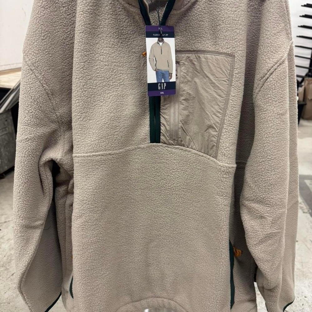 Gap Fleece Half Zip Pullover Beige Tan Sherpa Teal Trim NWT Size XXL